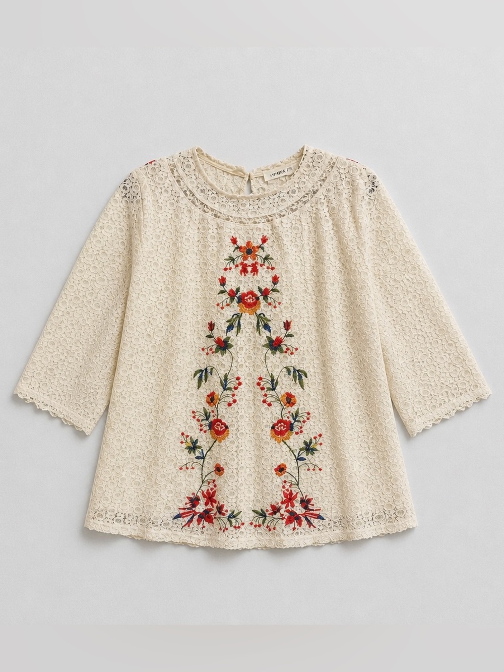 Umgee Cream Lace Tunic with Multicolor Floral Embroidery